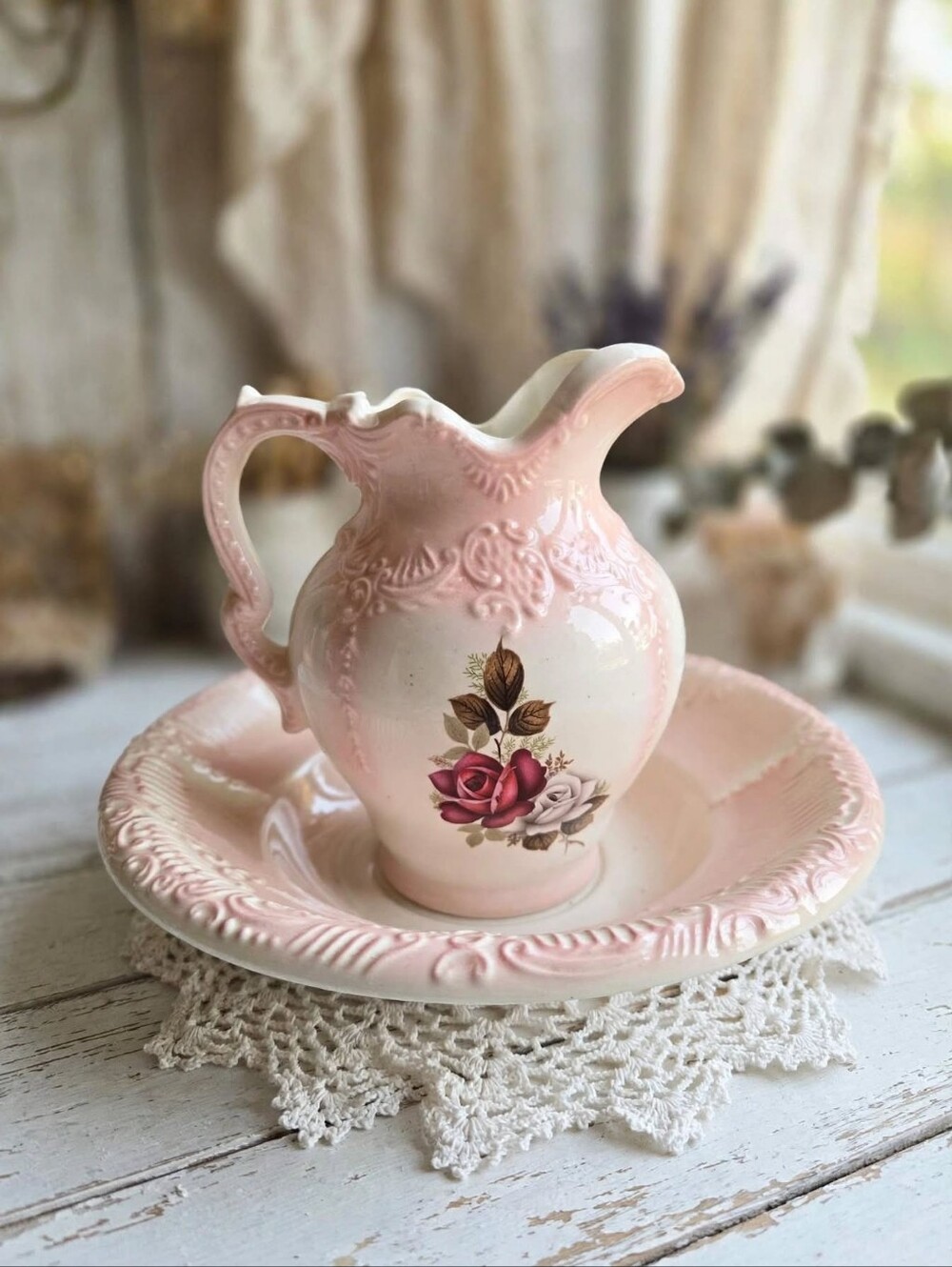 VTG 1970s Arnel’s Ceramic Wash Basin & Water Pitcher Set - Pink Rose Cottagecore
